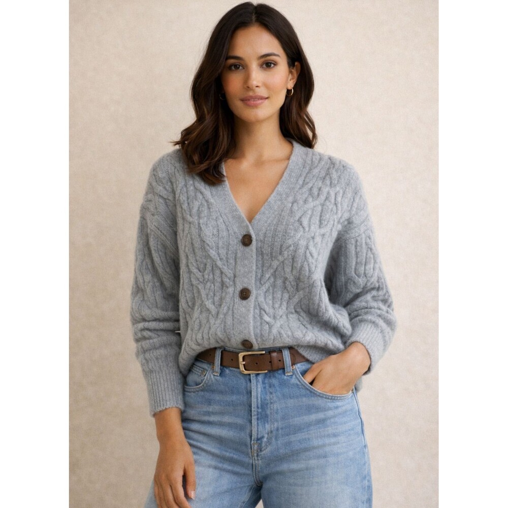 Vince Interlocking Cable Wool Cashmere Blend Cardigan Oversized Slate SZ S/M